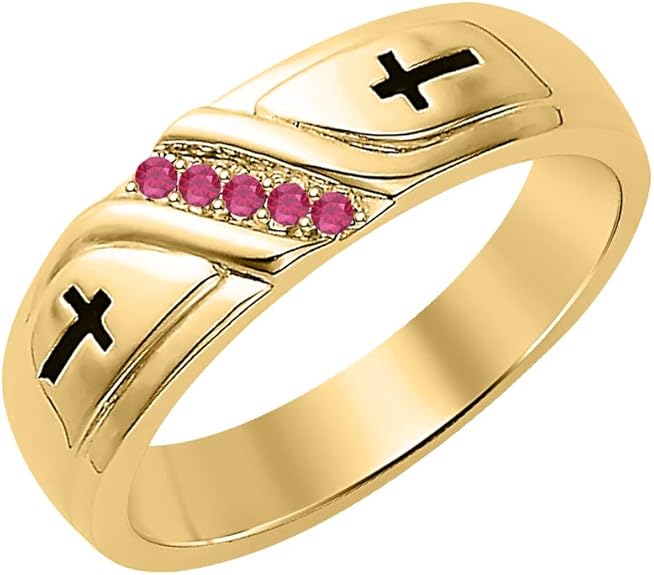 RUDRAFASHION Wedding 5Stone Men's Cross Ring Ruby 14k Yellow Gold Over .925 Sterling Silver
