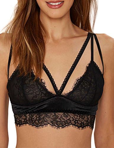 RICHKOKO Women Wide Deep V Neck Push Up Lace Mesh Sheer Spaghetti Strap Bra(36C,Black)