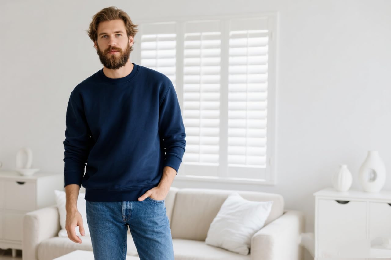 PrimeCrest Sweatshirt Herren Pullover Winter Baumwolle Fleecepullover Thermo Fleece Solid Langarm Winterpullover Ohne Kapuze Rundhals Sweatshirts Warme Dicker Basic Arbeitspullover Schwarz L 3