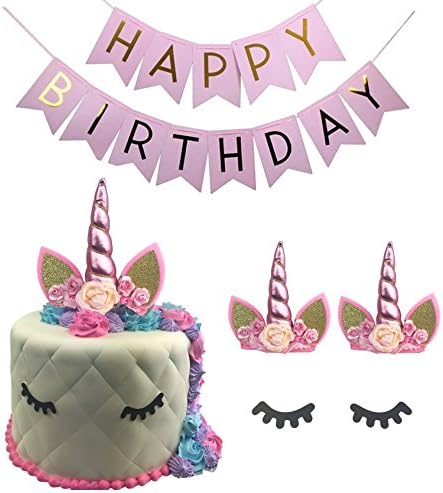 Unicorn Cake Topper Birthday Party Kit (Set of 3) Small Horn Eyelashes, Banner | Choose Gold or Pink Decoration Supplies | Fun Kid’s Décor for Parties