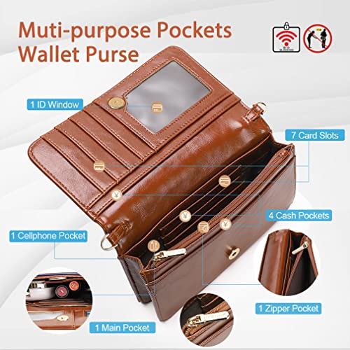 APHISON Multi-Function Small Crossbody Bags For Women,Cell Phone Shoulder Bag,Clutch Purse,RFID Wristlet Wallet,Card Holder - RED-BROWN