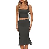 CHYRII Womens Two Piece Sets Sleeveless Squre Neck Cropped Top Bodycon Midi Skirt Midi Dress Outfit
