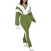 Vssjavun Women 2 Piece Outfit Color Block Long Sleeve Zip Drawstring Cropped Jacket Bodycon Long Pants Set Sweatsuit