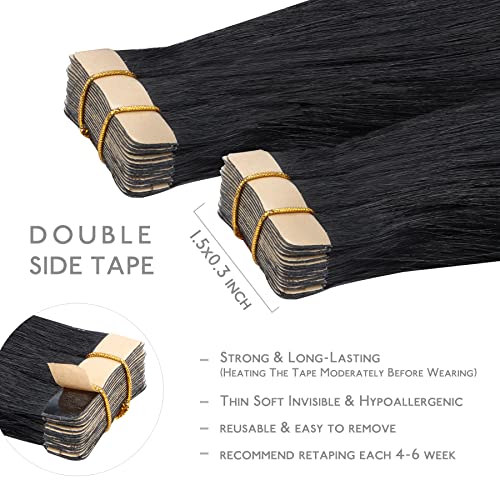 WENNALIFE Tape in Extensions Natural Hair, 35 cm, 50 g, 20 Pieces, Tief Schwarz, Remy Human Hair Extensions