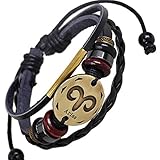 SumBonum Jewelry Mens Womens Leather Braided Bracelet, Adjustable Vintage Beads Zodiac Sign Charm Bracelet, Fits 7-12 Inch, Black Red Golden