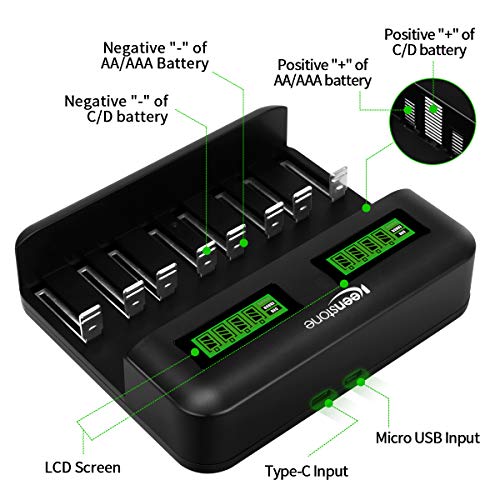 Keenstone Intelligentes Batterieladegerät, NI-MH NI-CD AA AAA C D, Universal-Schnellladung mit Typ C/Micro USB, LCD-Display, freistehender Steckplatz und Auto-Dection (8 unabhängige Ladekanäle)