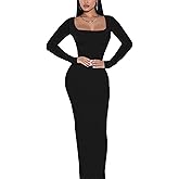 Doweha Women's Square Neck Long Sleeve Maxi Dress Sexy Knit Bodycon Long Dress for Women