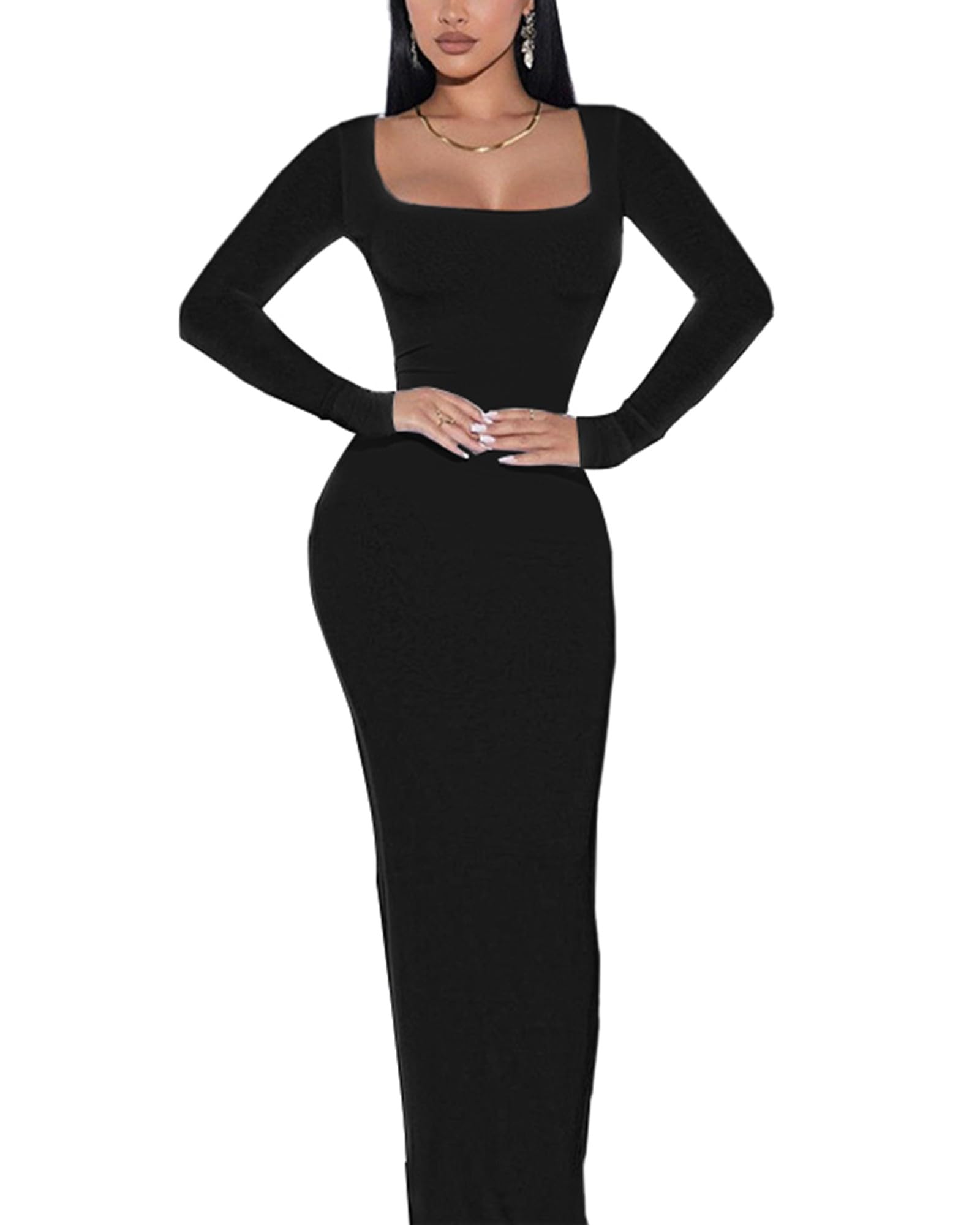 Photo 1 of Doweha Women's Square Neck Long Sleeve Black Maxi Dress Sexy Knit Bodycon Long Dress for Women 2026