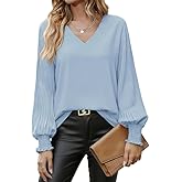 Aifer Womens V Neck Chiffon Blouses Pleated Lantern Sleeve Flowy Dressy Tops Elegant Business Casual Outfits
