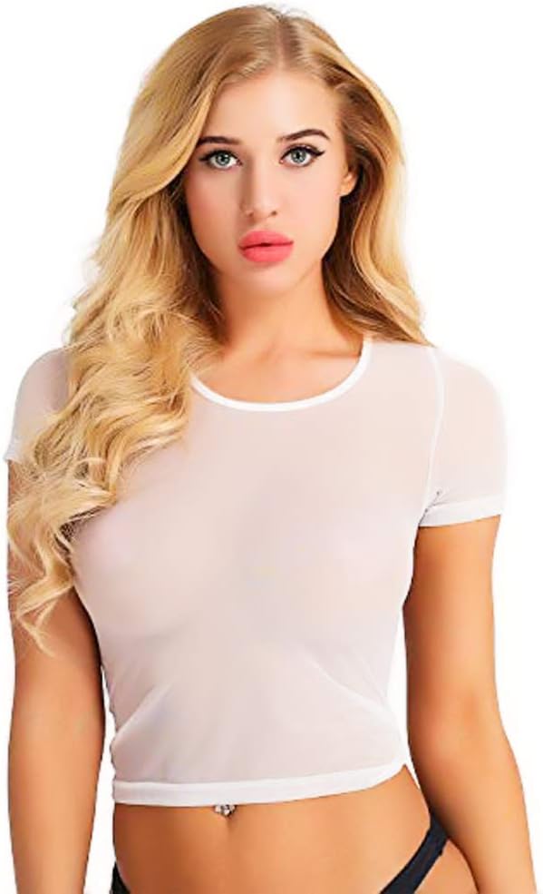ALIXIN T-Shirt Women Tops See Through Transparent Sheer Blouses T-Shirt Tops,Female Sheer See-Through Gauze Crop Tops.