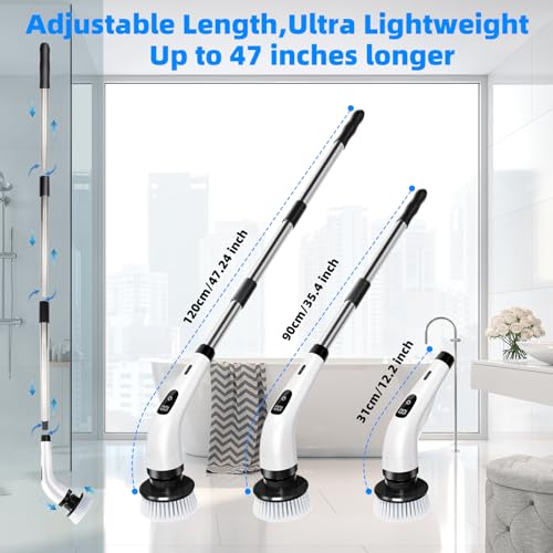 SINZUX Electric Spin Scrubber, Electric Cleaning Brush with 8 Replaceable Brush Heads, Electric Scrubbing Brush with LED Display and Adjustable Extension Handle for Bathroom Kitchen Car