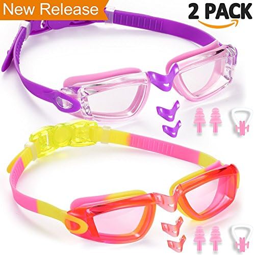 Noorlee Kids Swim Goggles, 2 Pack Swimming Glasses for Children and Early Teens (Age 3 to 15 years old), Anti-Fog, Watertight, UV Protection, Soft Silicone Frame and Strap, 180 Degree Vision