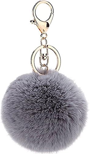 Mengshou Pompom Fur Ball Car Keychain Handbag Bag Charm Gold Rings Fluffy Fur Ball (Grey)