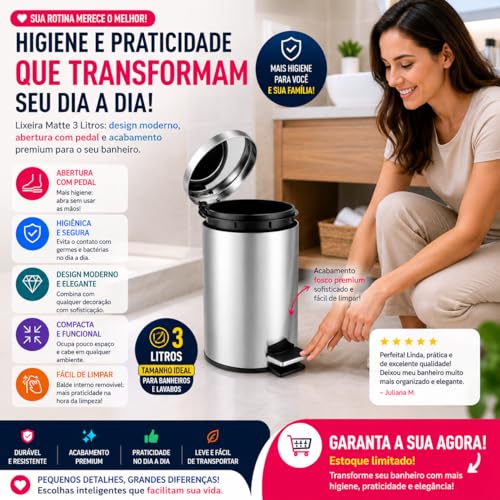 Lixeira Com Pedal E Tampa 12 Litros Aço Inox Para Cozinha E Banheiro
