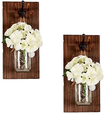 Rustic Hanging Mason Jar Sconces,Creative Rustic Home Decor with LED Fairy Light Stands,Complete with 4 Silk Hydrangea Flower and 2 Wrought Iron Hooks for Handcrafted Decoration(Set of 2)
