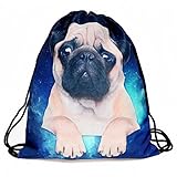 Boys Girls Teenager Drawstring Bag ，Full printing Drawstring Backpack School Shoulder Backpack Nylon Folding Bag for School Home Travel Sport Storage (Pug dog)
