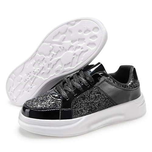 Padgene Womens Sparkly Shoes Tennis Bling Sneaker Casual Lightweight Breathable Shiny Sequin Lace Up Shoes Black