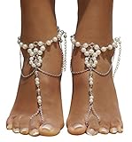 Bienvenu Women's 2 Piece Imitation Pearl Slave Anklet Wedding Barefoot Sandals Foot Jewelry, Silver