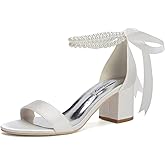 Jotwry Pearl Heels Wedding Shoes for Bride Block Heel Wedding Sandals Open Toe Bridal Shoes