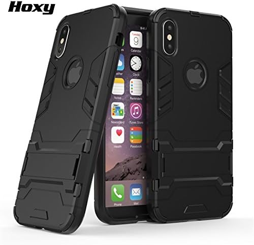 HOXY iphone X Hybrid Armor Case Tempered Glass 2 in 1 Hard PC Cover + Soft TPU Bumper Case Cover, Shock Absorption, Scratch Resistant, Drop Tested, Lightweight with Kickstand(Black)