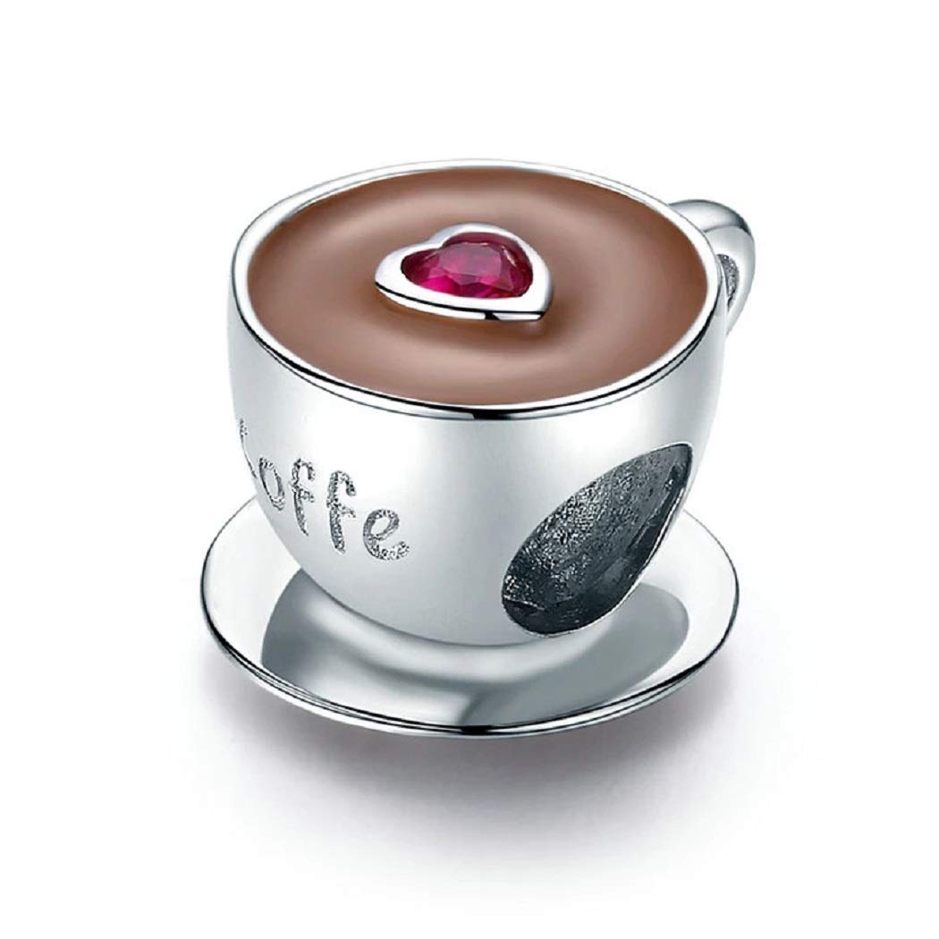 FeatherWish 925 Sterling Silver Love Coffee Cup Red Heart Family Friend Bead Charm With Cubic Zirconia & Enamel Fits And Compatible With Pandora Bracelet