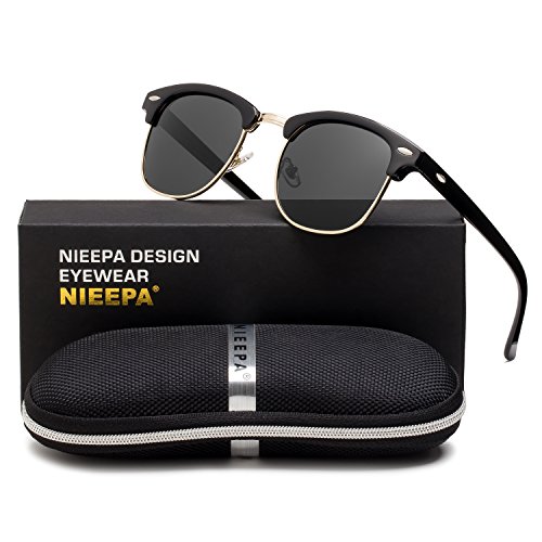 NIEEPA Semi Rimless Polarized Sunglasses Classic Brand Sun Glasses With Metal Retro Rivets (Grey Lens/Bright Black Frame/Gold Rimmed) - Thumbnail 7