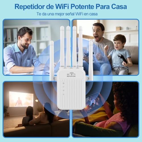 Amplificador Señal WiFi 5G /2.4G Repetidor WiFi Largo Alcance Doble Banda WiFi Extender con 6 Antenas de Alta Ganancia, Puerto LAN, Extensor de WiFi para casa y Oficina,Fácil de Instalar