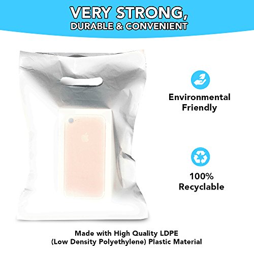 White Merchandise Plastic Shopping Bags - 100 Pack 12" x 15"with 1.25 mil Thick | Die Cut Handles | Perfect for Retail Shops, Party Favors, Birthdays, Children Parties | Color White | 100% Recyclable - Thumbnail 3