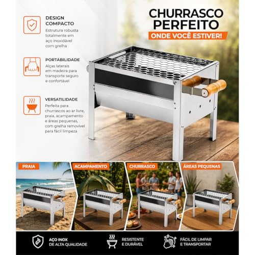 Churrasqueira A Carvao Portatil Inox Pequena Versão Mini Estrutura Robusta Em Aço Inoxidável Com Grelha Para Camping e Praia [ K-SELL IMPORTS ]