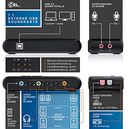 CSL-Tarjeta-de-Sonido-USB-71-Externa-8-Canales-Canal-71-USB-Soundbox-Dynamic-3D-Surround-Sound-para-hasta-8-Altavoces-grabacion-reproduccion-simultanea-para-Audio-analogicos-y-Digitales