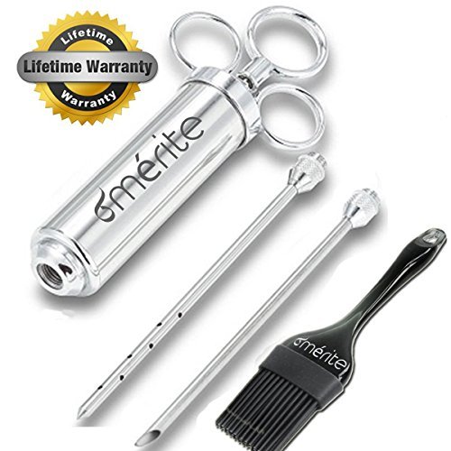 Merite 2 Oz Stainless Steel Seasoning Injector with 2 Marinating Needles, BBQ Brush and eBooks