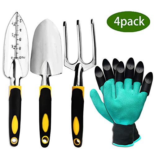 ZOUTOG Garden Tool Set, 4 Pack Gardening Gifts Including Trowel, Cultivator Hand Rake, Transplant Trowel, Gardening Gloves – for Weeding, Loosening Soil, Digging, Transplanting and More
