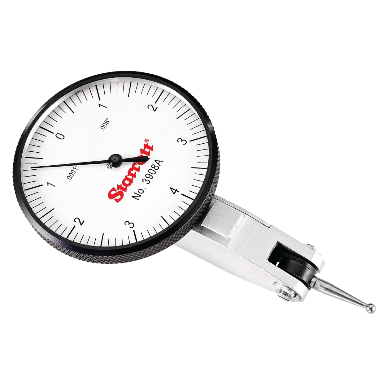 Starrett Dial Test Indicator with Dovetail Mount, Two Dovetail Clamps and Case - 1-9/16" White Dial Face.008" Range, 0-4-0 Dial Reading.0001" Graduations - 3908A