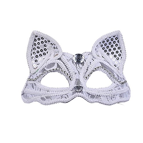 Himine 2 Pieces Masquerade Party Performances Lace Cat Girl Mask (White 1)