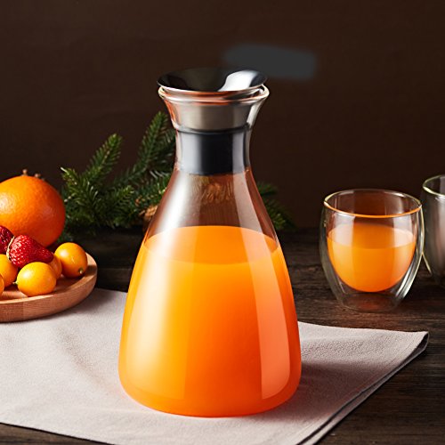 Cicike Upgraded Borosilicate Glass Water Pitcher with Automatically Opens Stainless Steel Lid and Spout, Glass Beverage Carafe for Lemon Juice, Iced Tea, Wine, Heat Resistant and Freezer Safe (51oz)