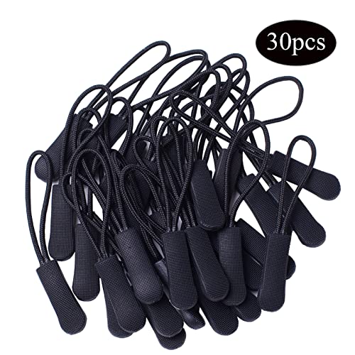 J.CARP 30PCS Black Zipper Pulls, Upgraded Zipper Pull Replacement Zipper Tab Tags Cord Extension Fixer for Luggage, Backpacks, Jackets, Purses, Handbags