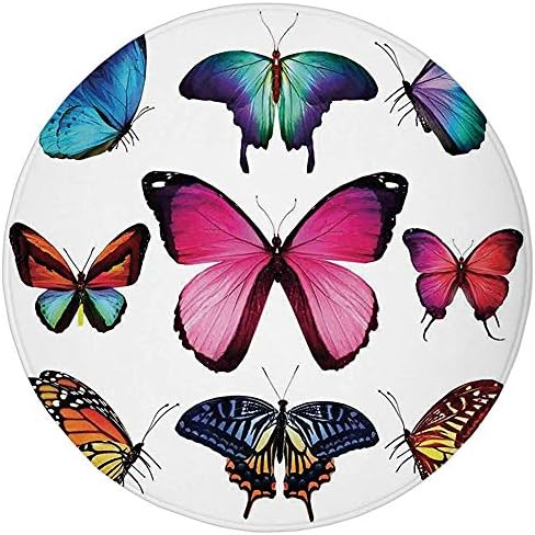 Round Rug Mat Carpet,Butterflies,Different Size Collection of Colorful Butterflies on Plain Background Wings Home Decorative,Multi,Flannel Microfiber Non-slip Soft Absorbent,for Kitchen Floor Bathroom