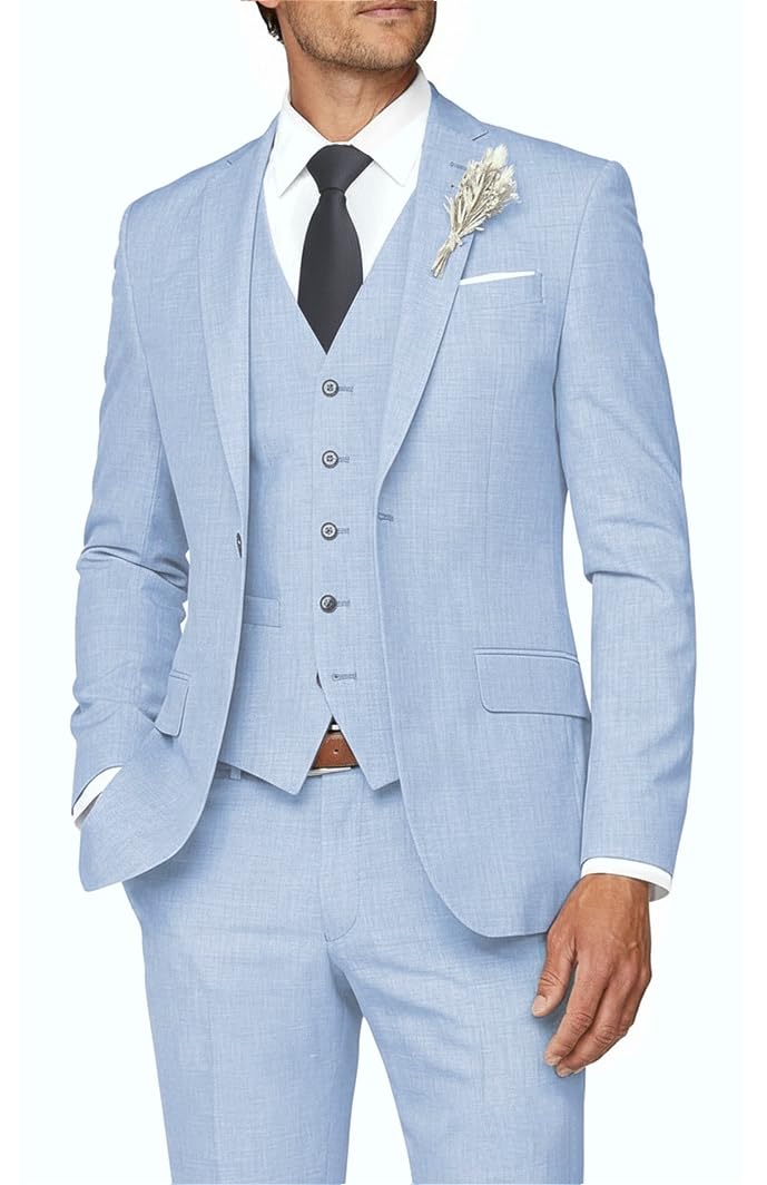 Photo 1 of MOGU Men's 3 Piece Slim Fit Suit – Formal Business Tuxedo Set for Wedding Groom, Prom, Dinner, Party Size XL Light Blue
