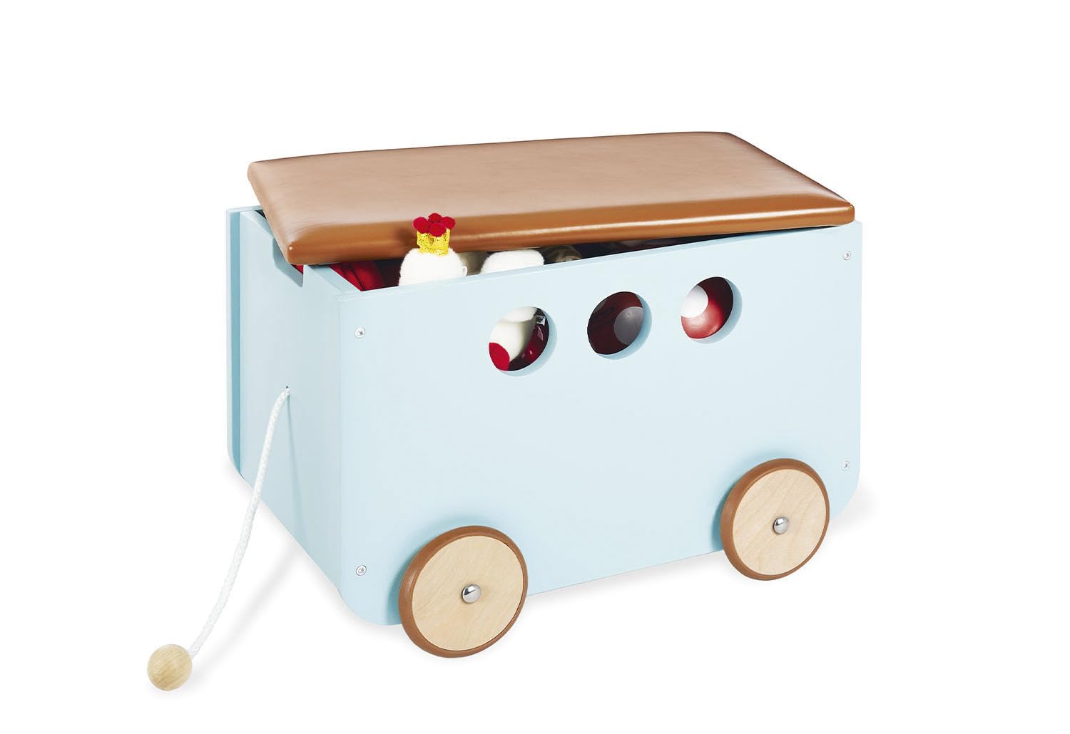 PINOLINO Jim toy box, made of wood and faux leather, with pull cord and rubberised wooden wheels, removable lid, from 3 years old, mint lacquered/faux leather brown