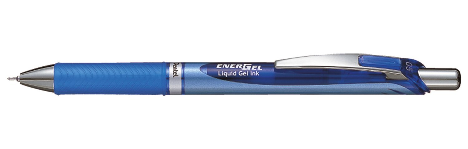 Pentel 0.5mm Medium Point Energel-Xm Refilable Retractable Gel Roller Pen with Metallic Looking Barrel - Blue