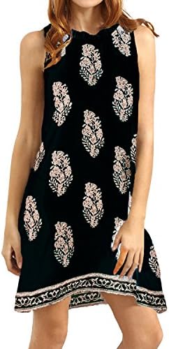SIMSHION Women Boho Sleeveless One-Piece Mini Dress Lace Up Floral Print Sexy Short Dress Black M
