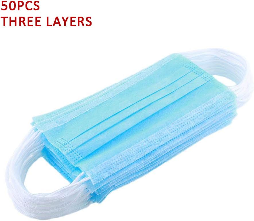 3-Layer Disposable Mask, Blue/White Surgical Mouth Guard, Nonwoven Fabrics with Elastic Strap - Effective Isolation of Bacteria, Harmful Gas and Smell - Pack of 5