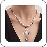 Andelaisi Punk Cross Pendant Necklace Silver Pearl Choker Necklace Vintage Jesus Cross Necklace Chain Gothic Cross Necklace Necklace Jewelry for Women