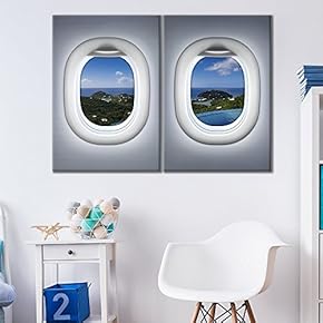 2 Panel Canvas Wall Art - Grey Plane Window Seat Over Tropical Island Destination - Giclee Print Gallery Wrap Modern Home Art Ready to Hang - 16"x24" x 2 Panels