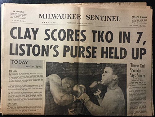 Milwaukee Sentinel (newspaper), Wednesday morning, February 26, 1964: Clay Scores TKO in 7, "Liston's Purse Held Up" [Muhammad Ali/Cassius Clay & Sonny Liston fight]; "Herbert Hoover Seriously Ill"