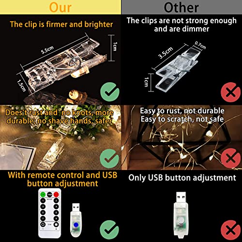LiyuanQ 40 LED Photo Clip String Lights with Remote, 8 Modes Indoor Fairy String Lights for Hanging Photos Pictures Cards and Memos, Ideal Gift for Bedroom Decoration (USB Operated, Warm White)