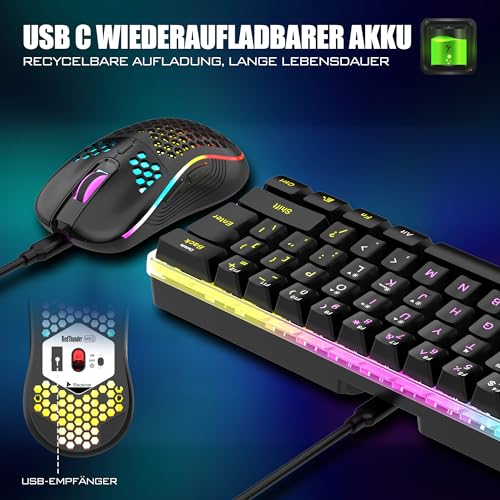 RedThunder 60% Wireless RGB Gaming Keyboard and Mouse Set, QWERTZ DE Layout, Rechargeable Wireless Keyboard with Ultralight Gaming Mouse with Honeycomb Construction, for PC Mac PS5 Xbox Gamer, Office