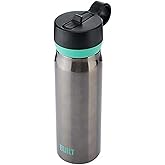 Built 20 fl oz Double-Walled Stainless Steel Wide Mouth Cascade Bottle, Straw Lid Spill-resistant Travel Cup with Rubber Grip Keep Drinks Cold Hot for Home Travel