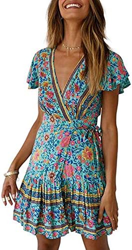 Summer Dresses for Women Short Sleeve A-line Bohemian Floral Print Casual Dresses V Neck Beach Mini Ruffle Dresses with Belt 5 Color Size 8-20