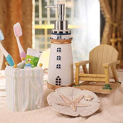 DALAZ Mediterranean Style Cute Lighthouse Decorative Bathroom Accessory Set Liquid Soap Lotion Pump Dispenser Resin… 51v16 im4EL